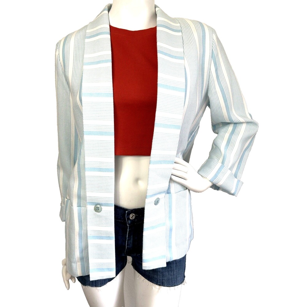 Vtg Pykettes Striped Blazer Medum Blue White Coastal Grandma Nautical Preppy EUC
